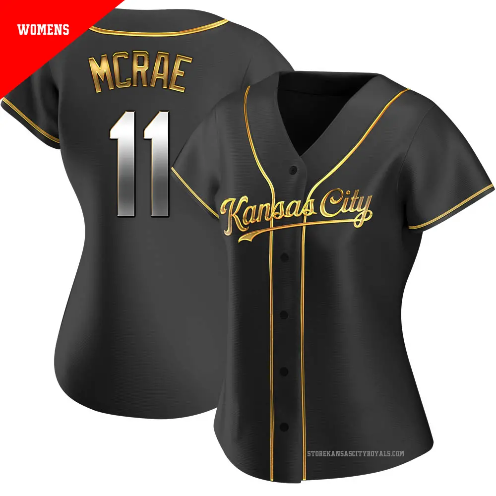 Women's ＃11 Hal Mcrae Kansas City Royals Gold Replica Black en Alternate Jersey